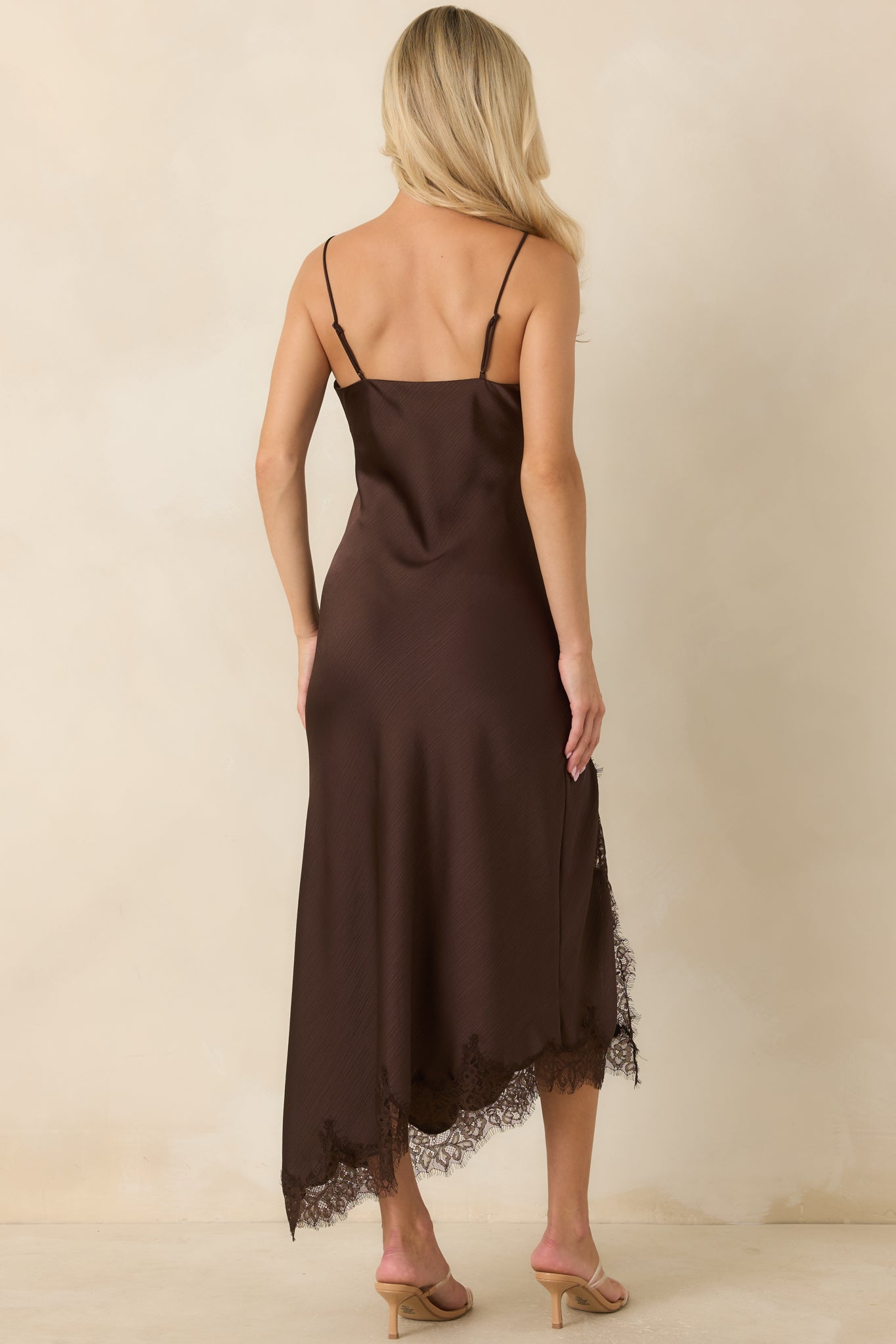 Just Like in the Movies Chocolate Satin Lace Slip Midi Dress