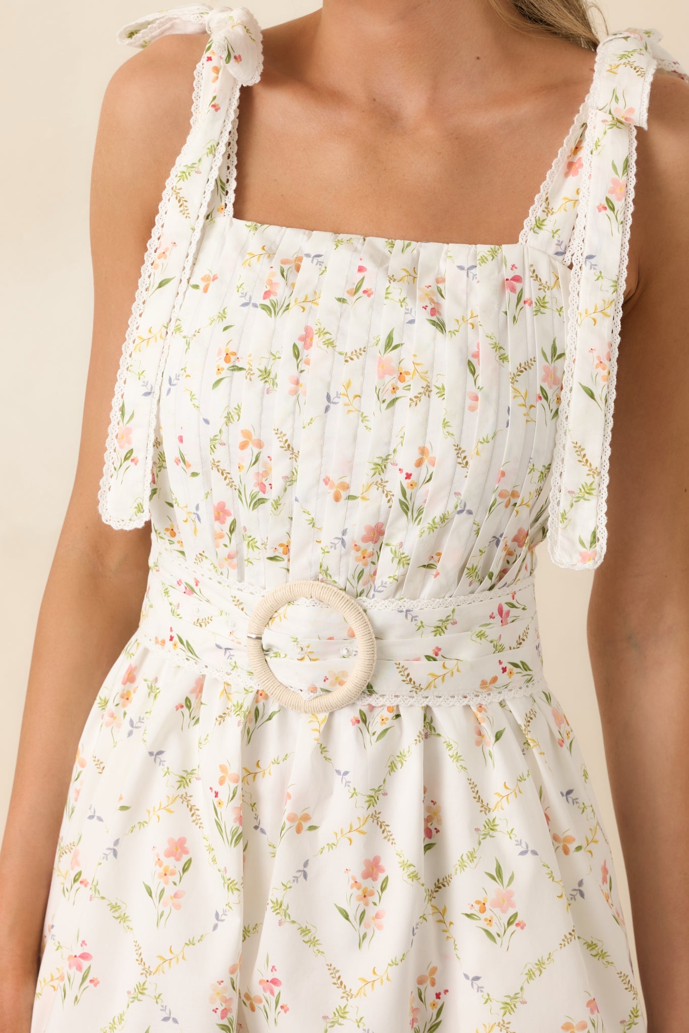 Just Like Spring White Multi Cotton Floral Pleated Mini Dress