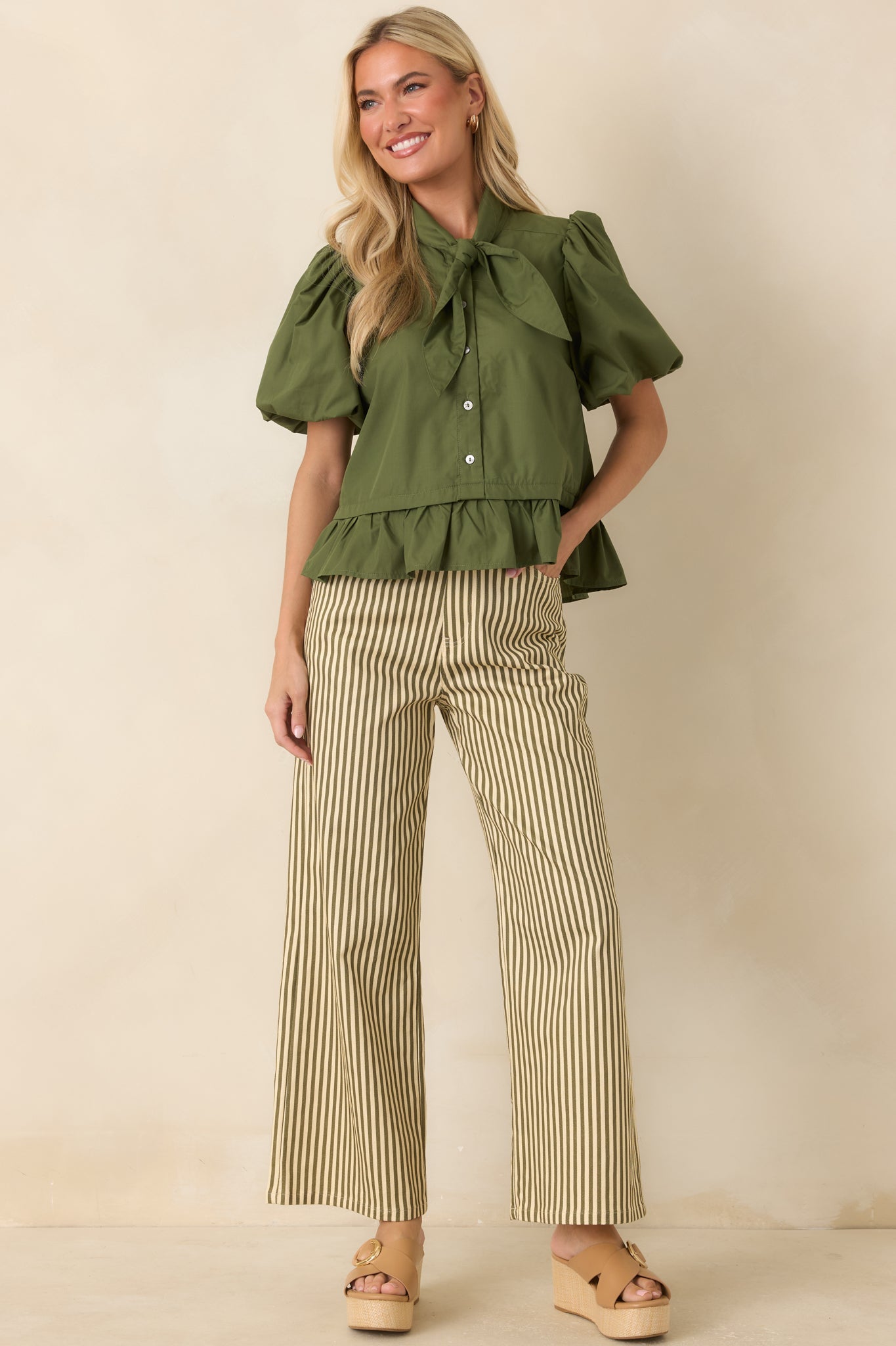 Signature Style Moss Green Tie Neck Peplum Blouse