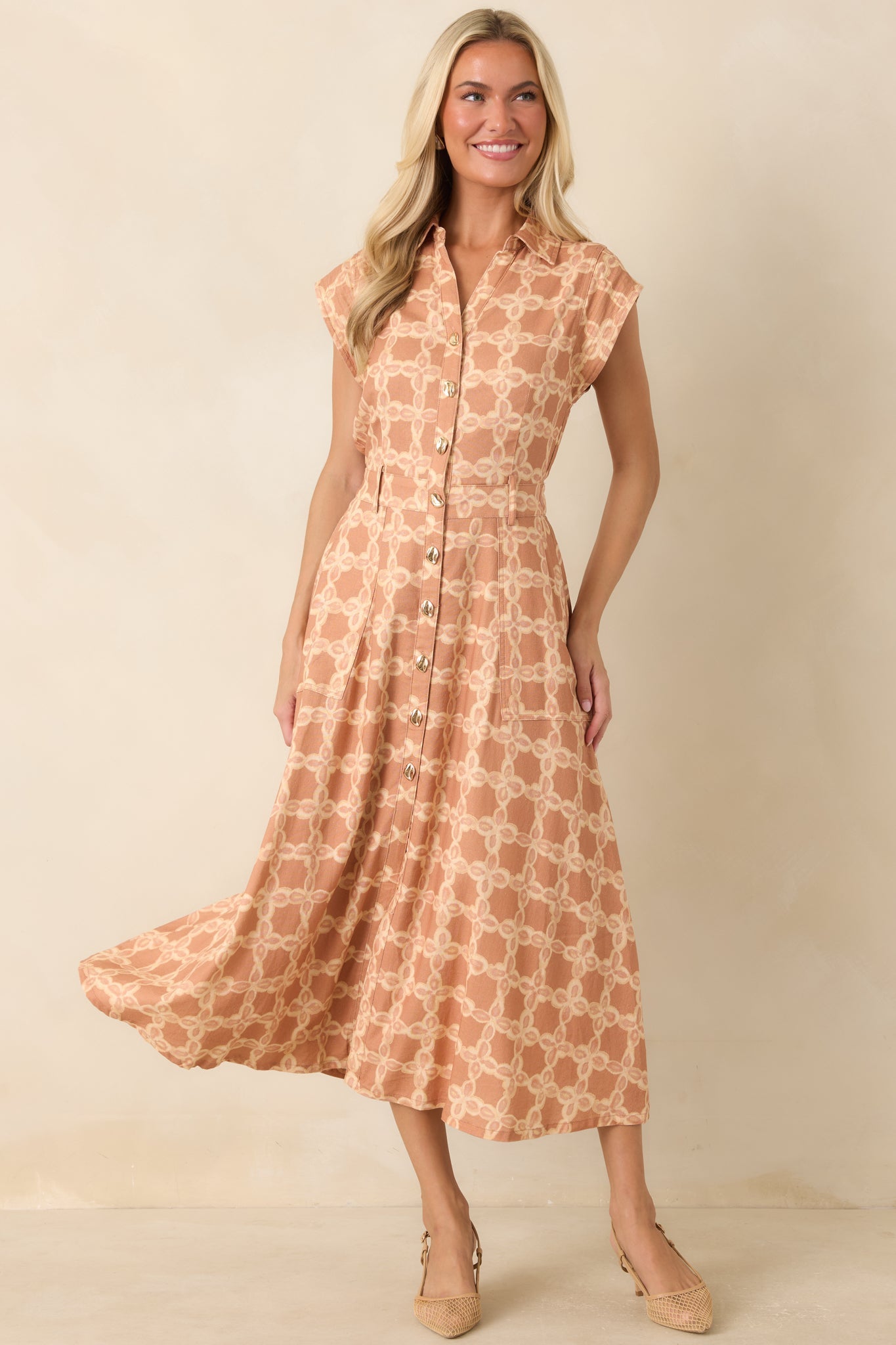 The Next Chapter Tan & Ivory Printed Midi Dress