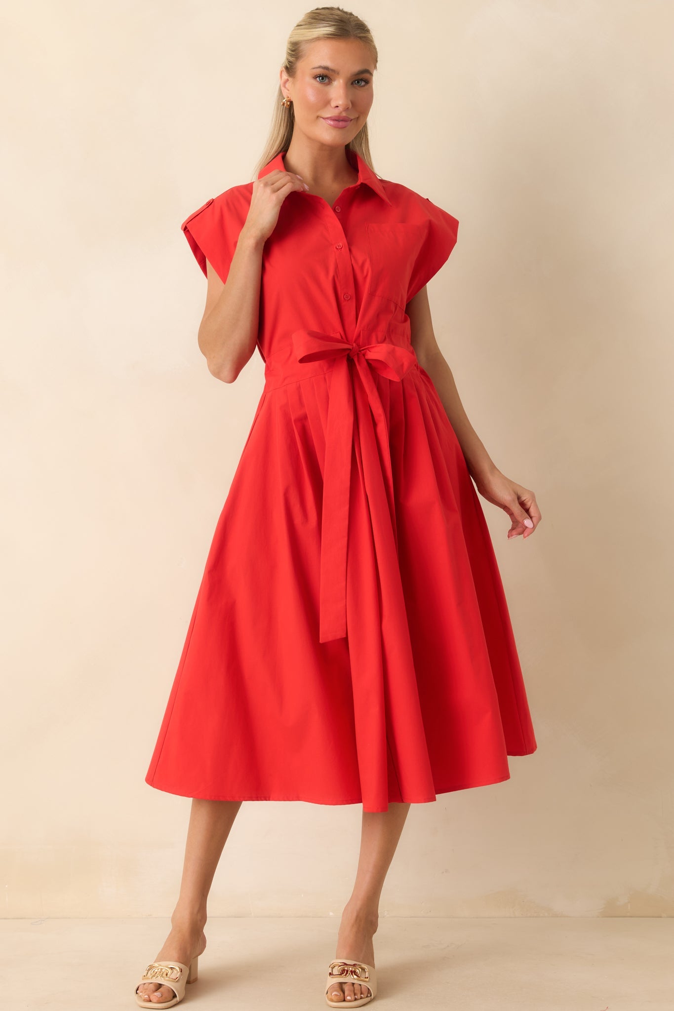 Prosperina Lana Cherry Red Cotton Button-Front Midi Dress