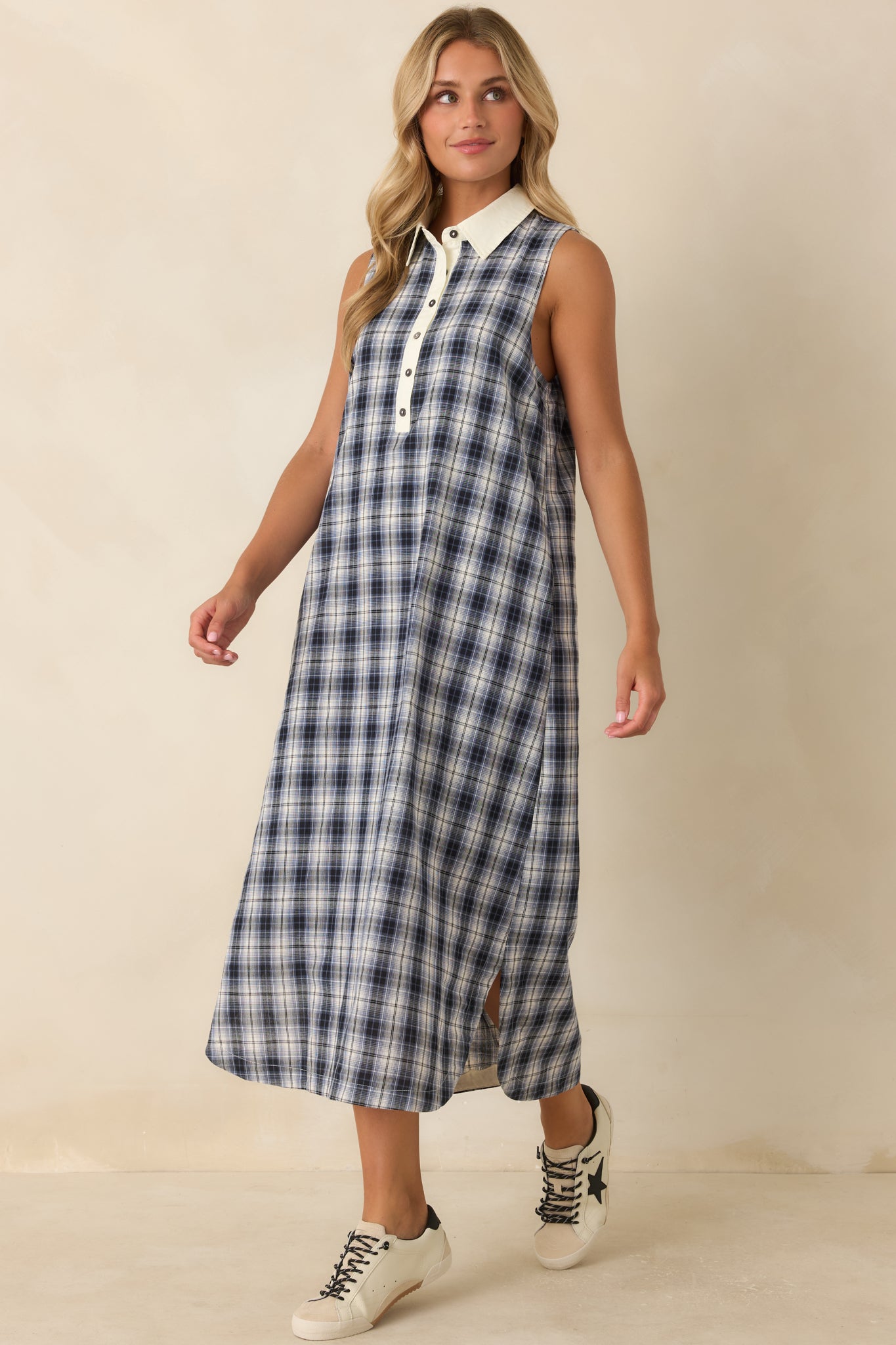 Small Town Story Navy Plaid Cotton Midi Dress
