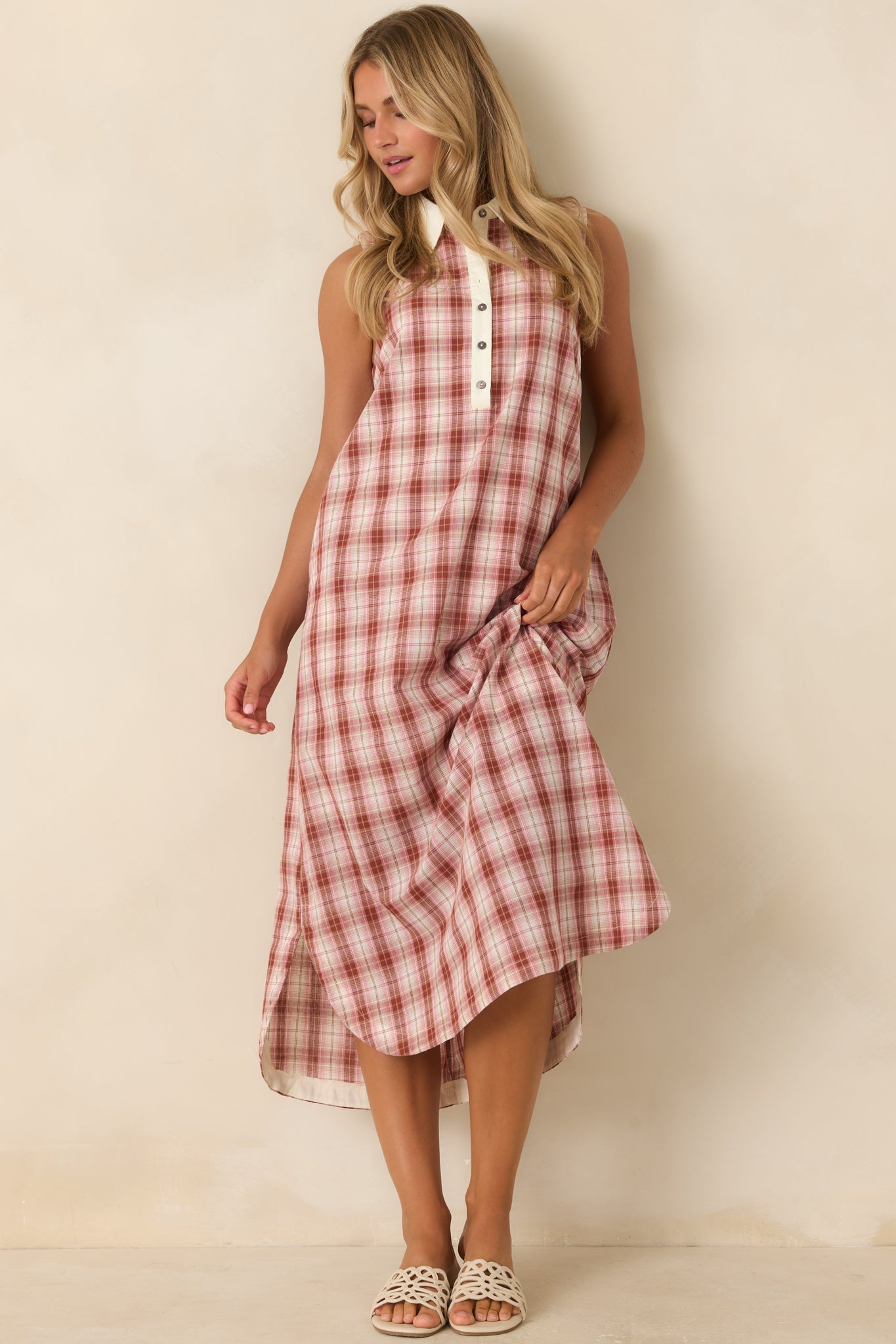 Small Town Story Pink Plaid Cotton Midi Dress
