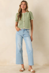 Like a Dream Light Green Knit Lace Trim Button Front Top