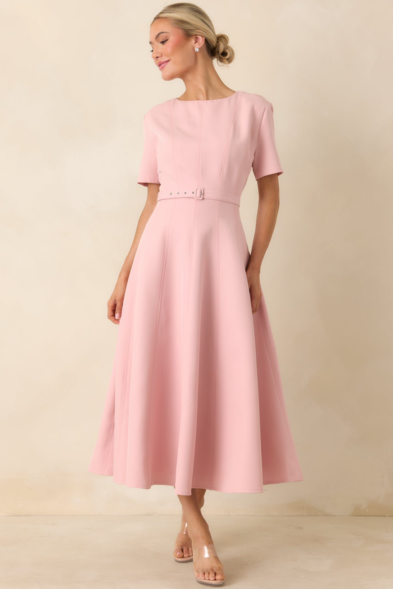 Put Together Perfectly Blush Pink Belted Midi Dress
