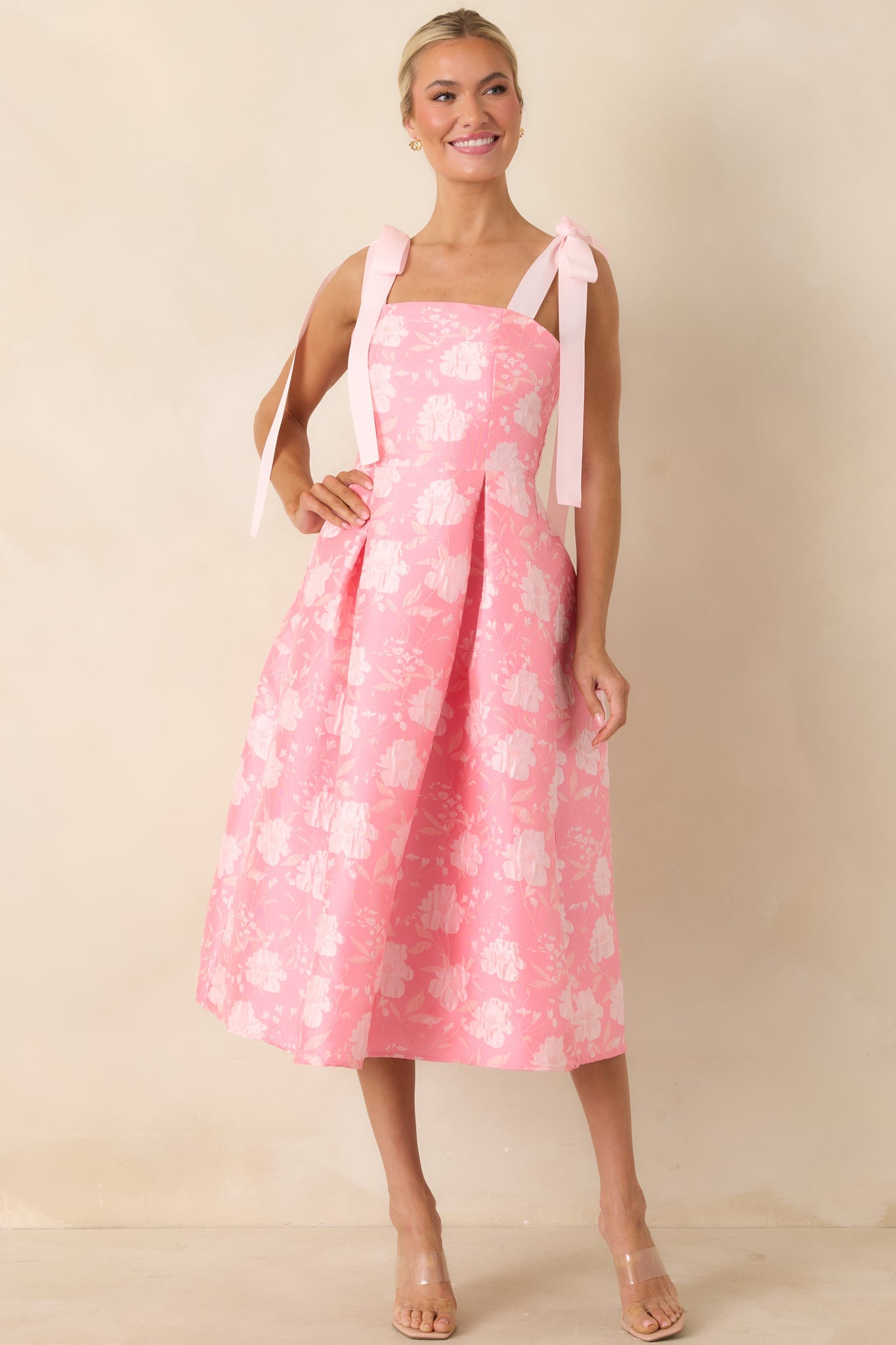 Sweet Disposition Pink Floral Jacquard Tie Strap Midi Dress