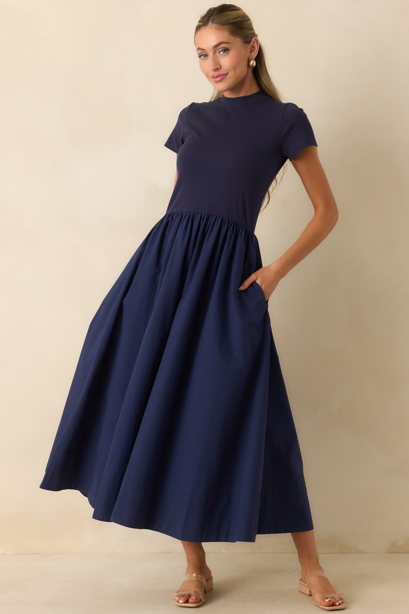 Prosperina Aria Navy Cotton Short Sleeve Midi Dress