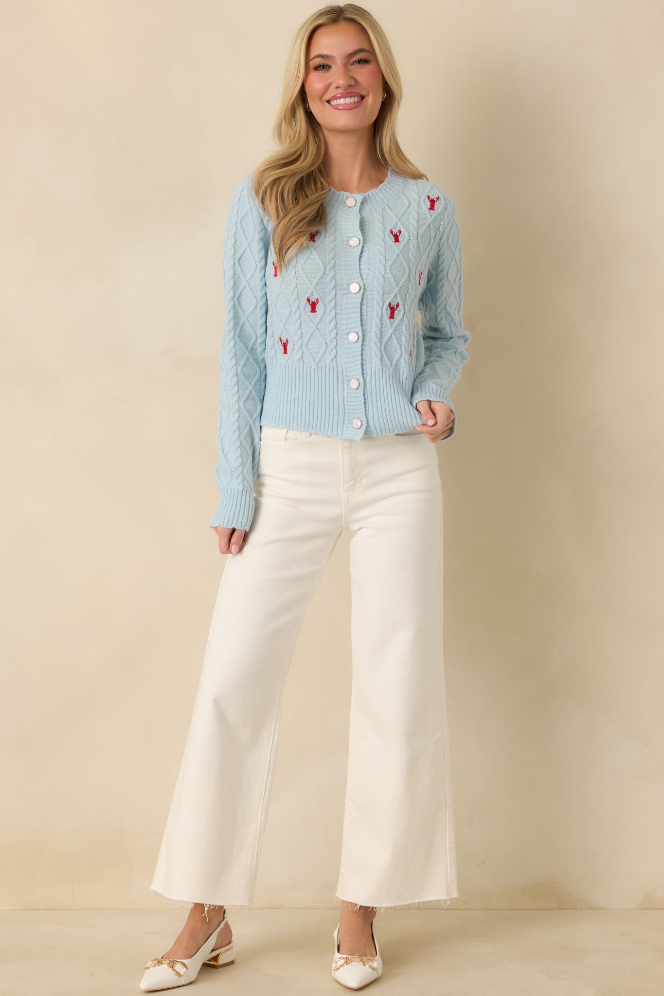 Main Lobster Energy Light Blue Embroidered Cardigan Sweater
