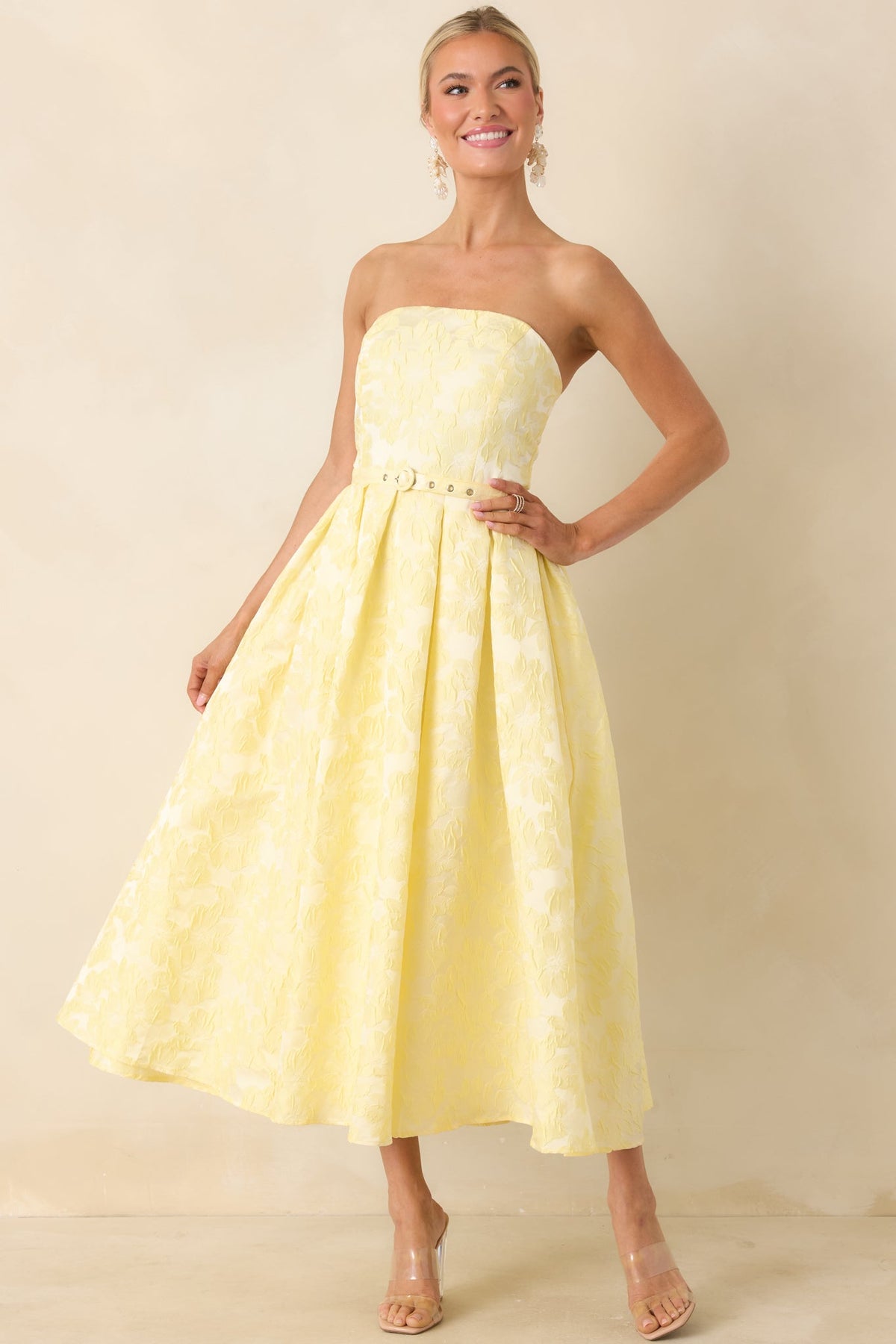 Radiating Joy Yellow Floral Jacquard Strapless Midi Dress