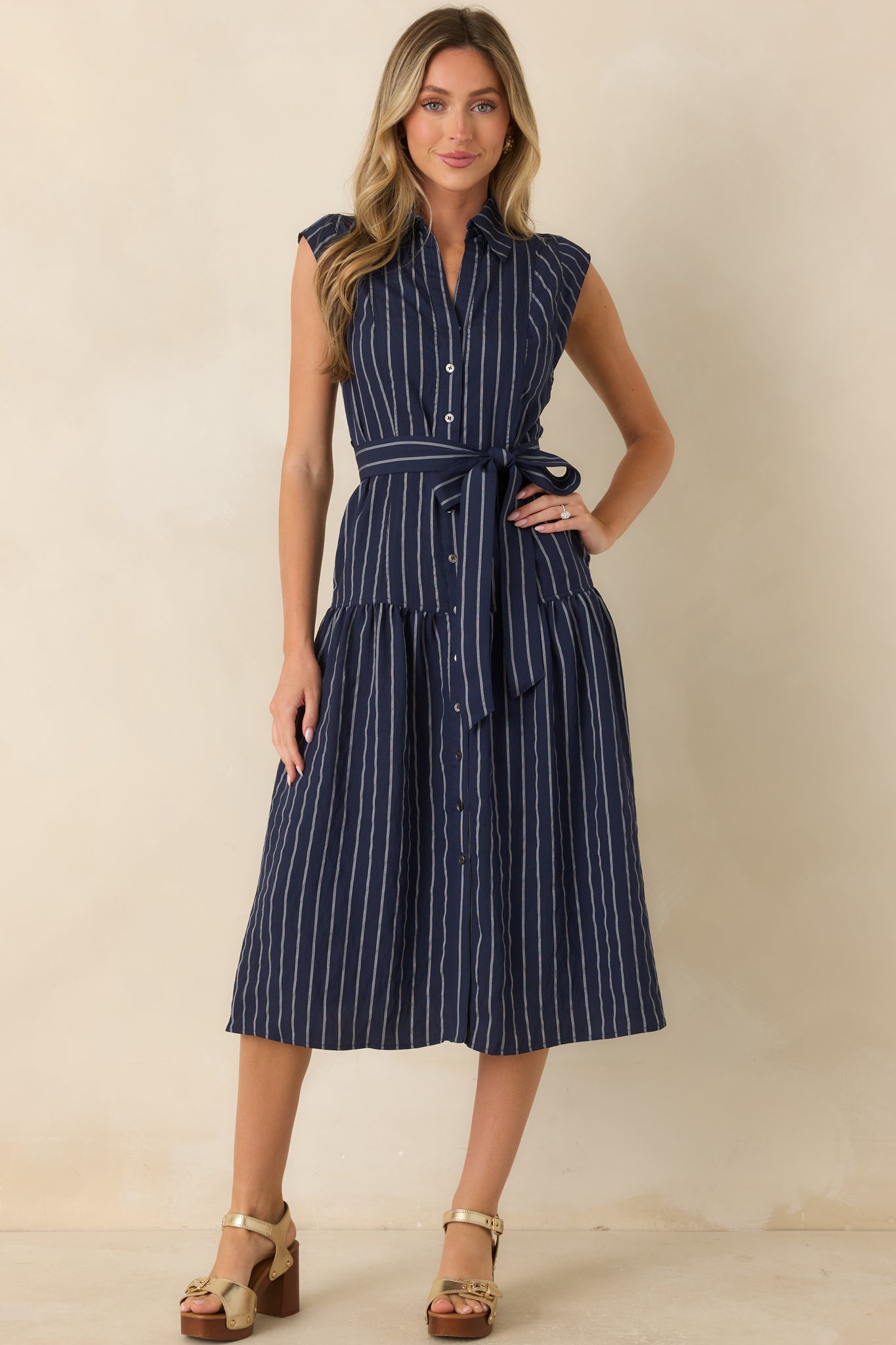 Always On Course Navy Striped Button Front Midi Dress