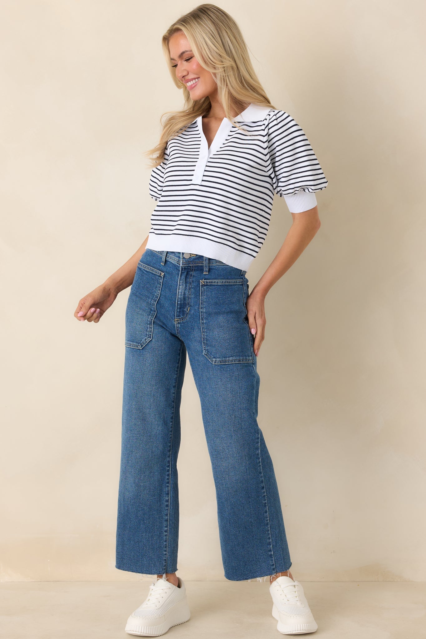 Plans After Work Ivory & Black Stripe Knit Polo Top