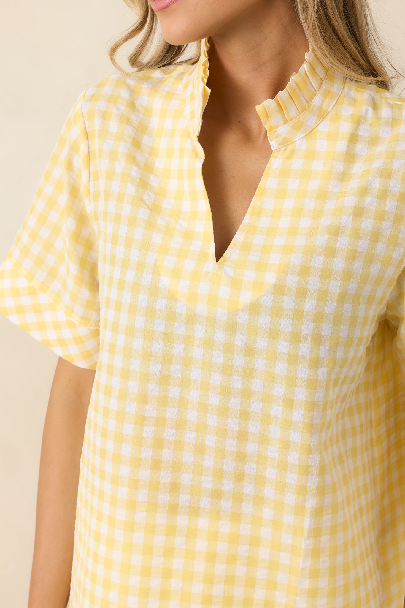 Plans in the Sunshine Yellow Gingham Cotton V-Neck Top