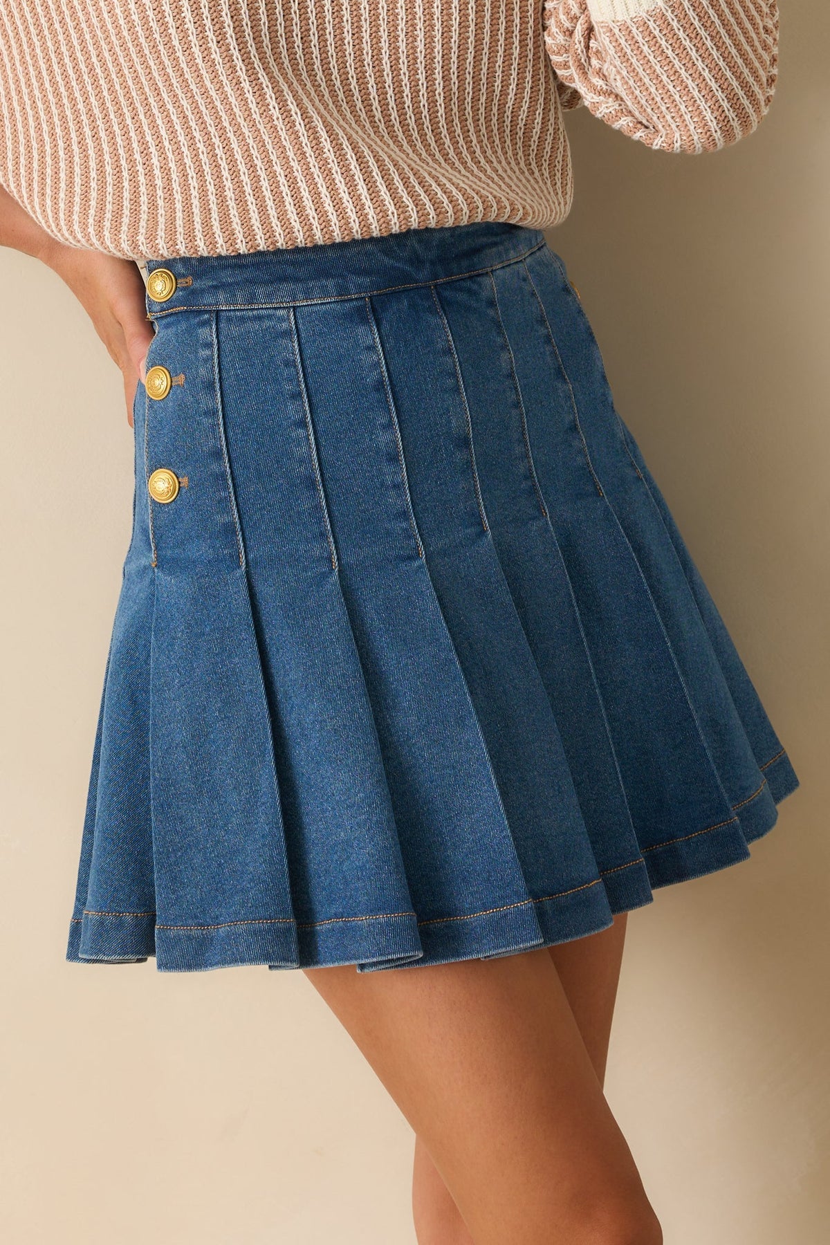 All About Confidence Dark Wash Cotton Pleated Denim Mini Skirt