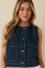 Ties That Bind Dark Wash Cotton Denim Braided Trim Vest