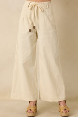 Refined Rhythm Beige Cotton Tie-Belt Wide Leg Pants