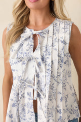 Once Upon a Daydream Blue & Ivory Floral Toile Cotton Tie-Front Top