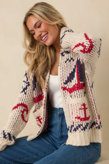 Between Tides Ivory Multi Knit Nautical Zip Up Collared Sweater Jacket