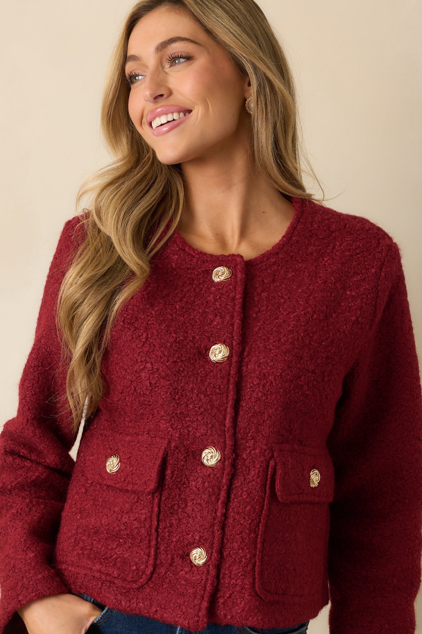 Whispered Warmth Cherry Red Bouclé Button Front Jacket
