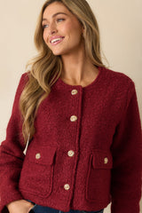 Whispered Warmth Cherry Red Bouclé Button Front Jacket