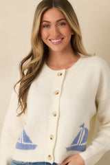 Catch the Breeze Ivory Sailboat Knit Button Front Cardigan Sweater