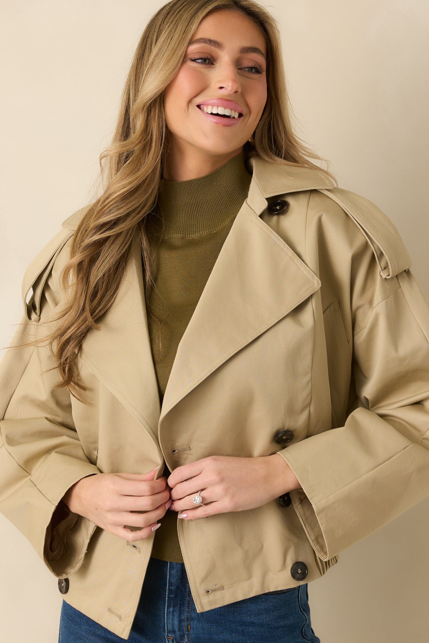 Modern Forecast Beige Cotton Double Breasted Cropped Trench Jacket