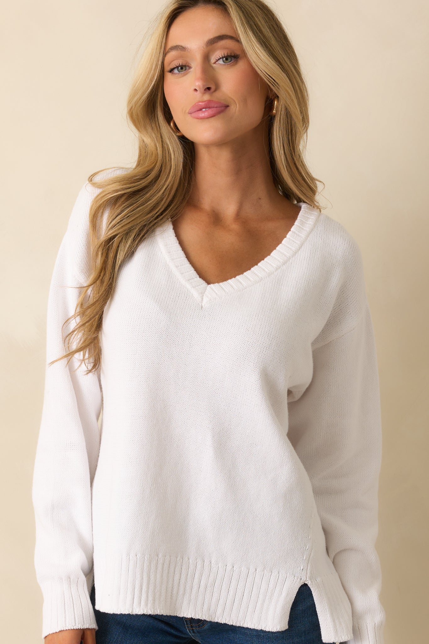 Z Supply White All Around Cotton V-Neck Sweater