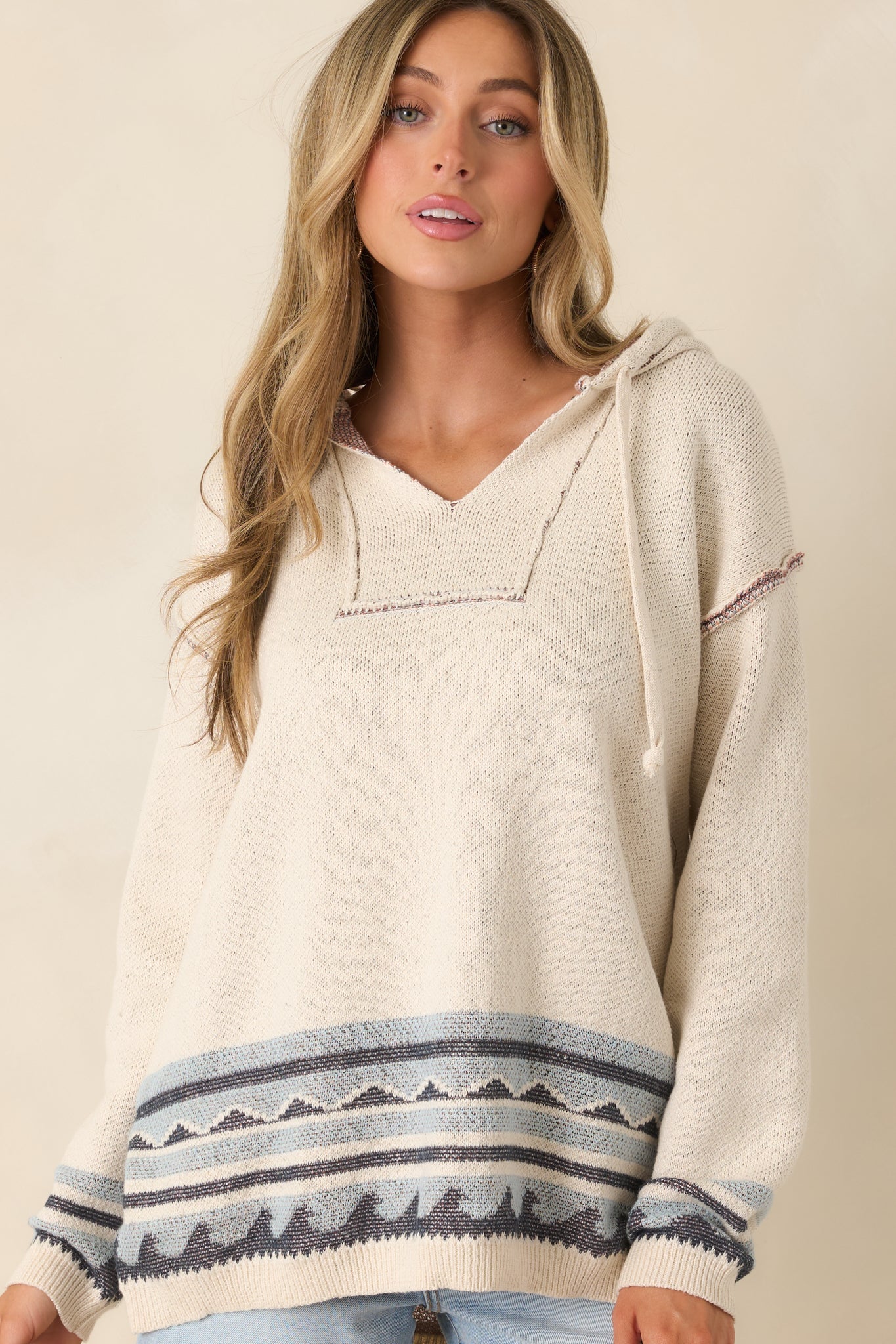 Off the Map Ivory & Blue Jacquard Cotton Pullover Hoodie