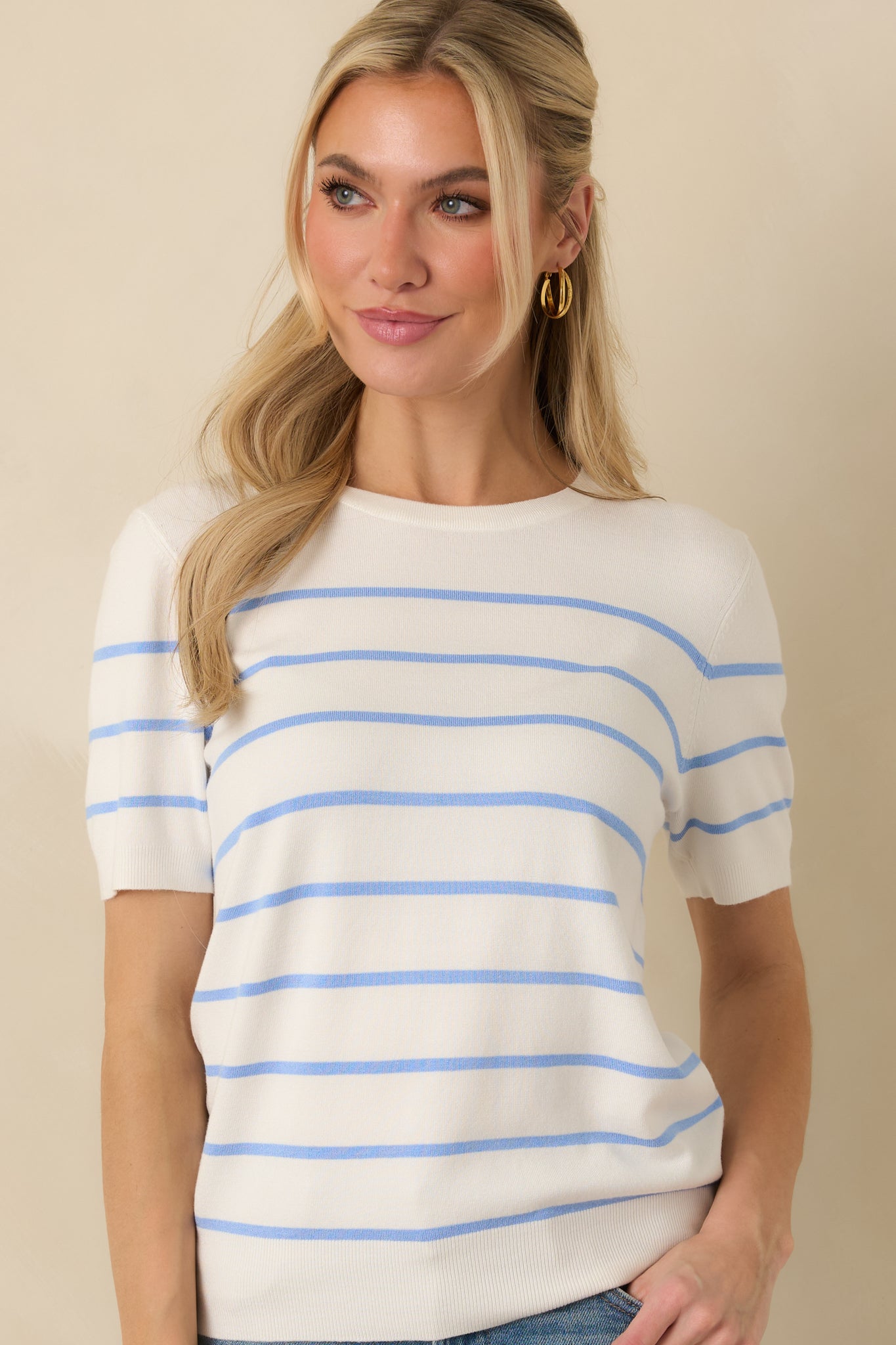 Bound to Happen Blue Stripe Knit Short Sleeve Sweater
