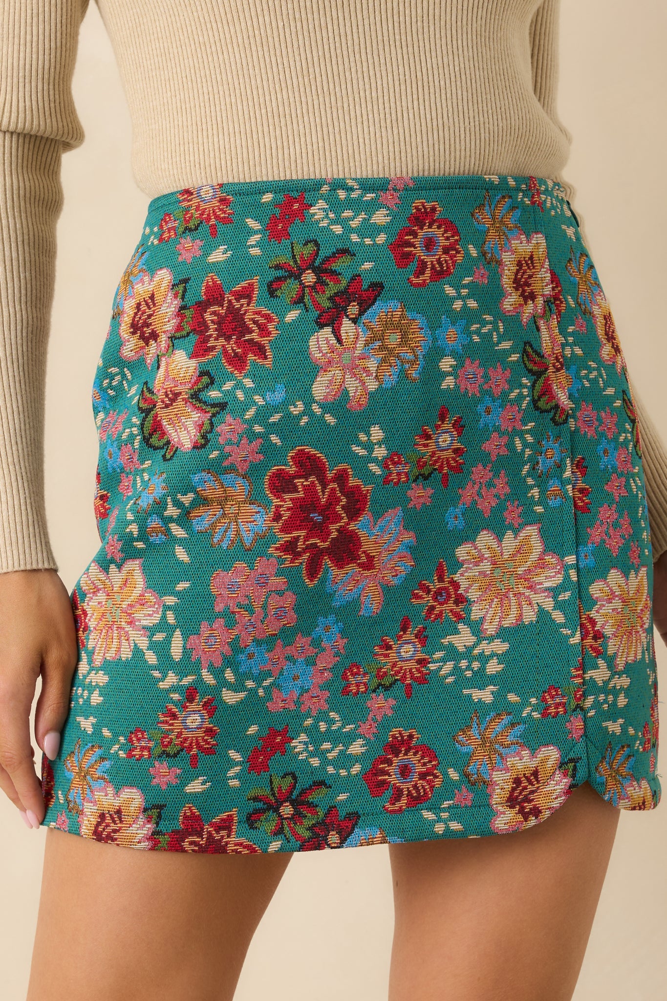 Pretty Please Teal Green Floral Print Mini Skirt