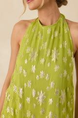 Glow With Grace Chartreuse Metallic Floral Halter Maxi Dress