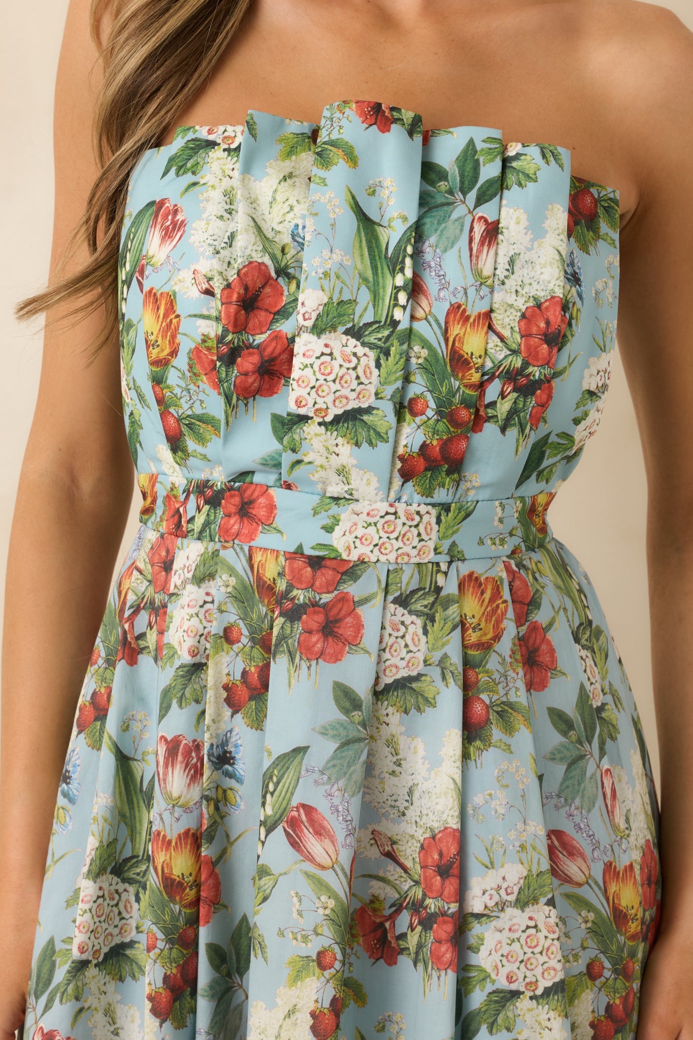 The Genevieve Sky Blue Multi Vintage Floral Print Cotton Strapless Maxi Dress