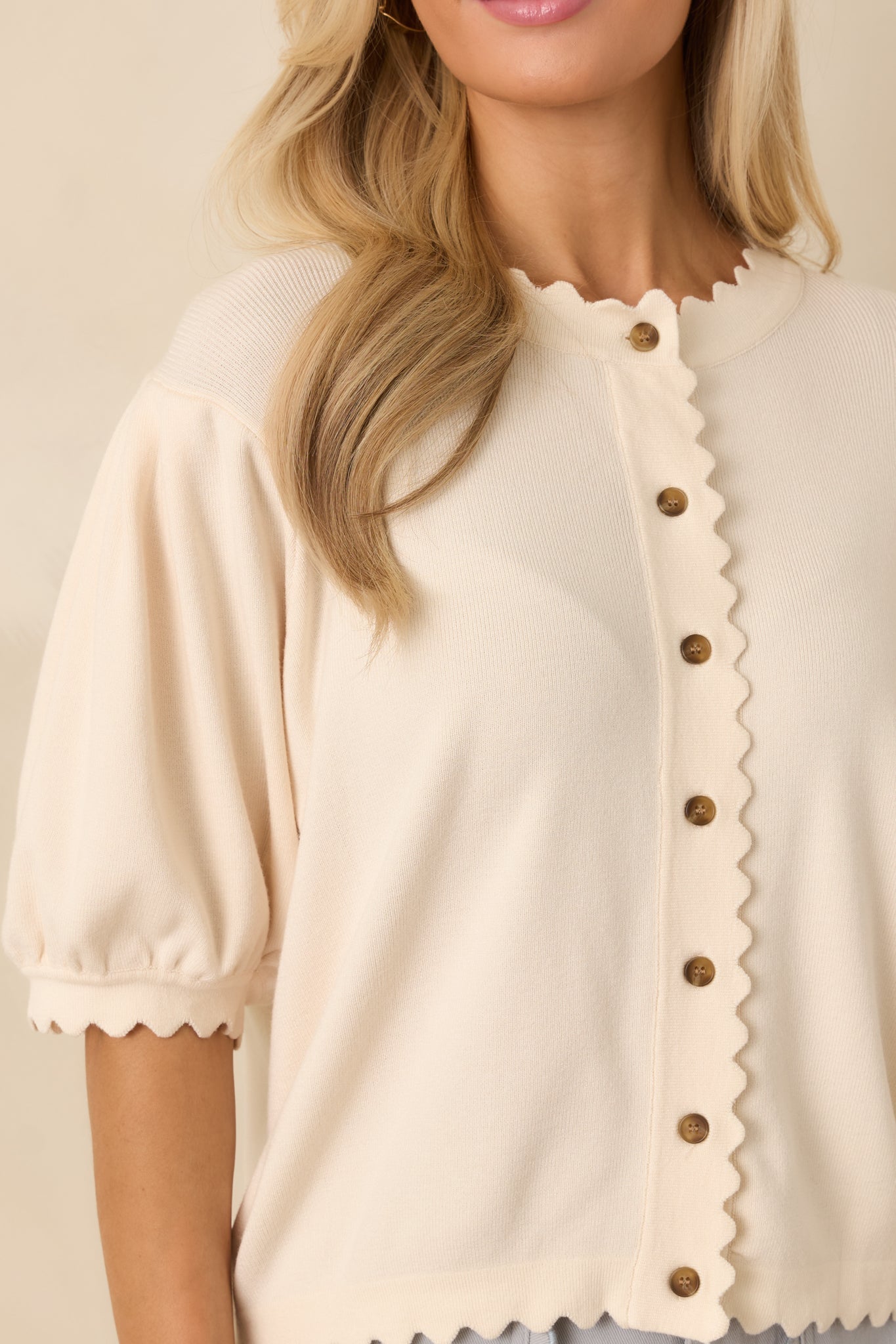 Simply So Cute Ivory Knit Scalloped Edge Puff Sleeve Button Up Cardigan