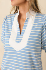 Easy Days Only Light Blue Stripe Puff Sleeve V-Neck Mini Dress
