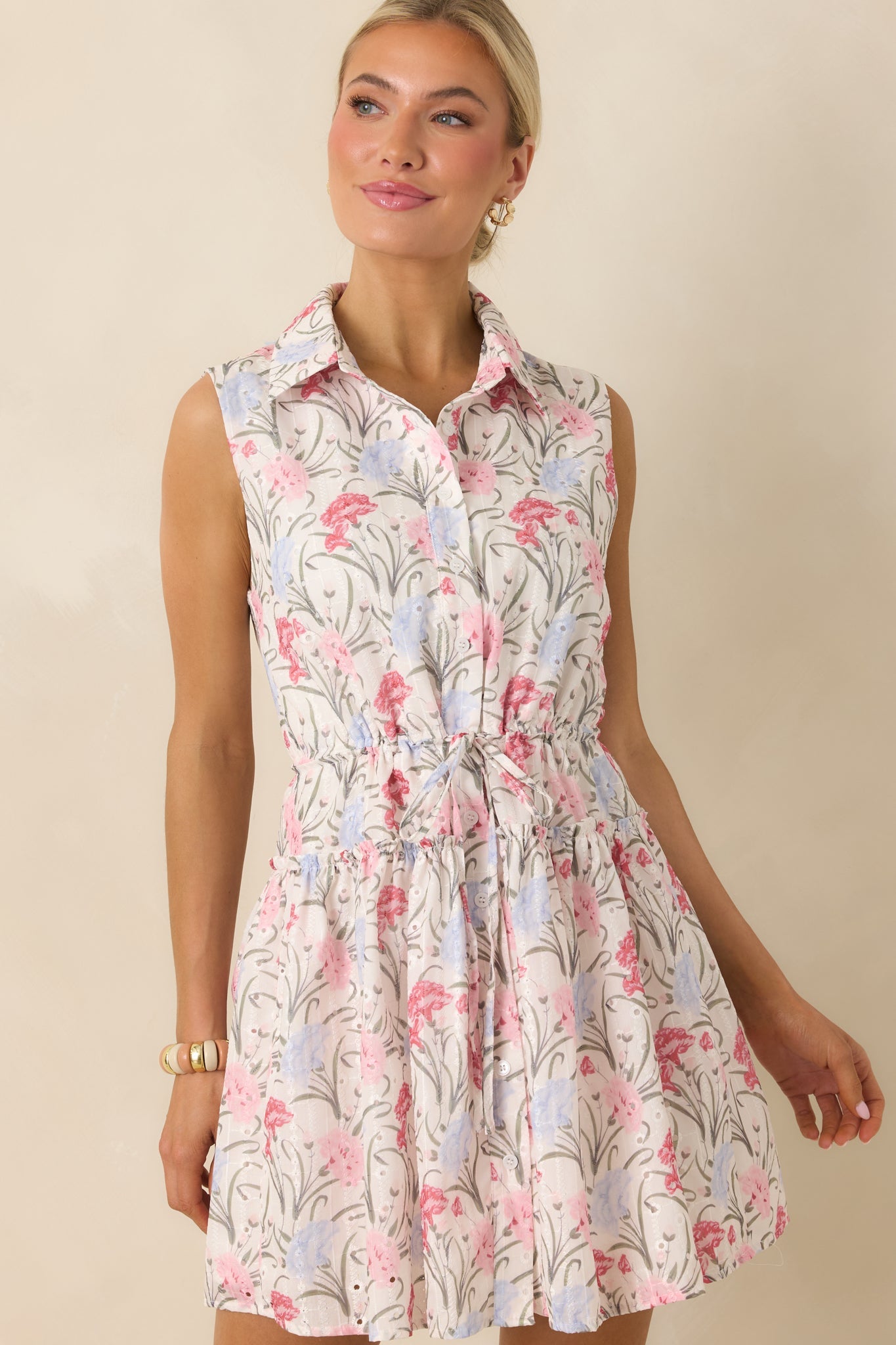 Poetry in Bloom Pink & Lavender Embroidered Eyelet Tie Waist Mini Dress