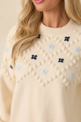 Petals and Pearls Ivory Multi Knit Floral Embroidered Crewneck Sweater