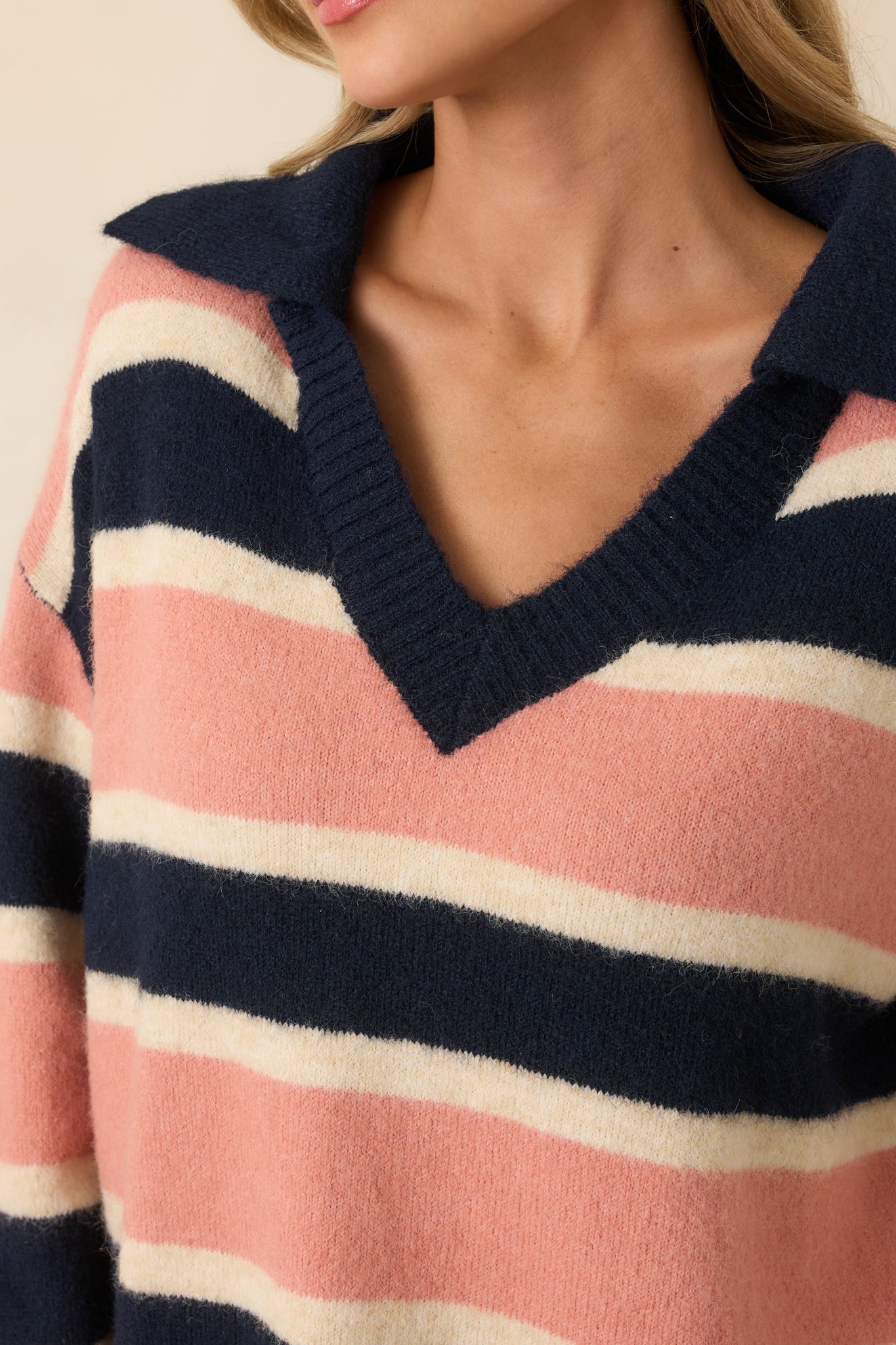 Well Played Navy & Mauve Brushed Knit Striped V-Neck Collared Sweater