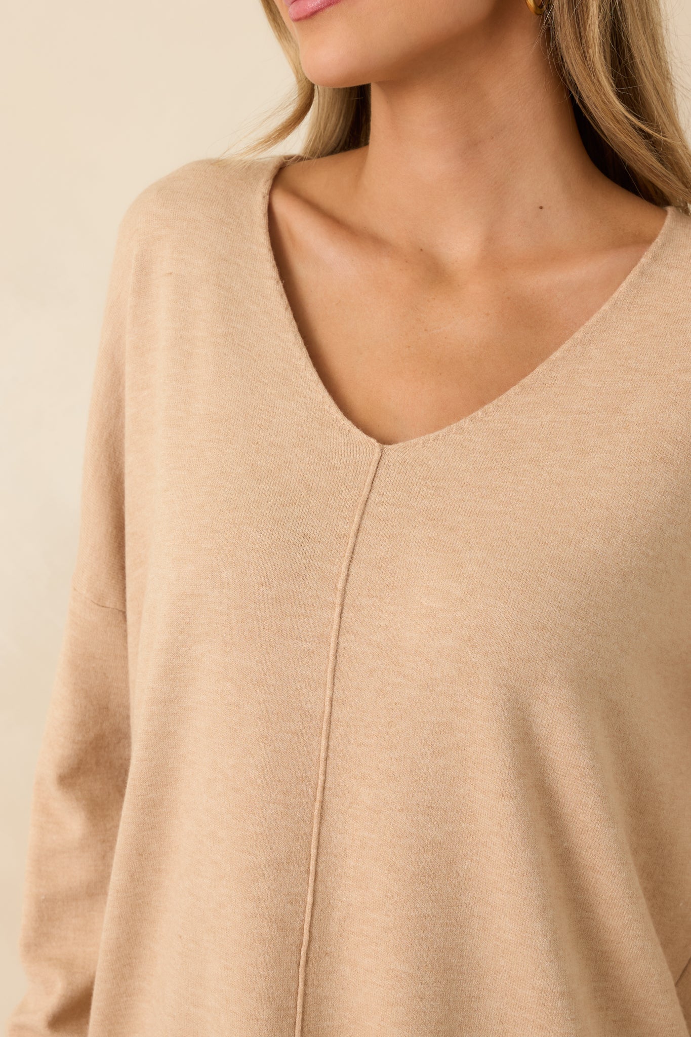 Wind Down Light Taupe Knit Long Sleeve V-Neck Sweater