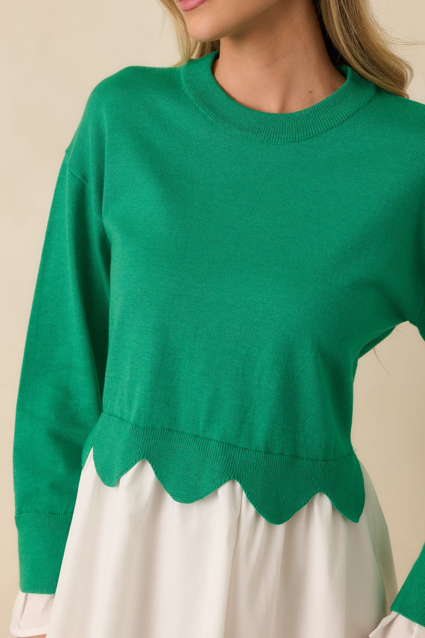 Made to Charm Green Scalloped Sweater Mini Dress