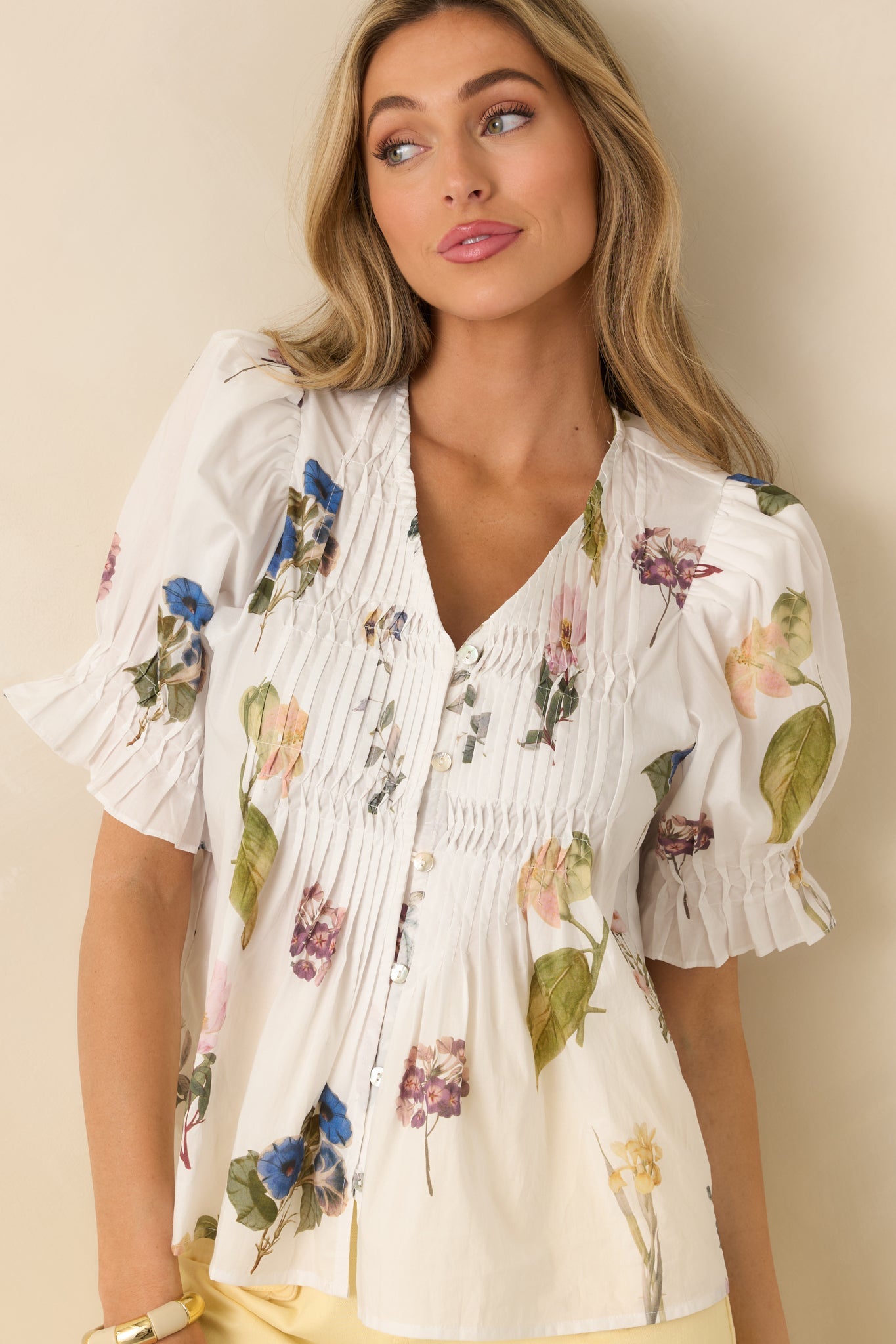 Just Add Flowers Ivory Multi Floral Print Pintuck Puff Sleeve Blouse