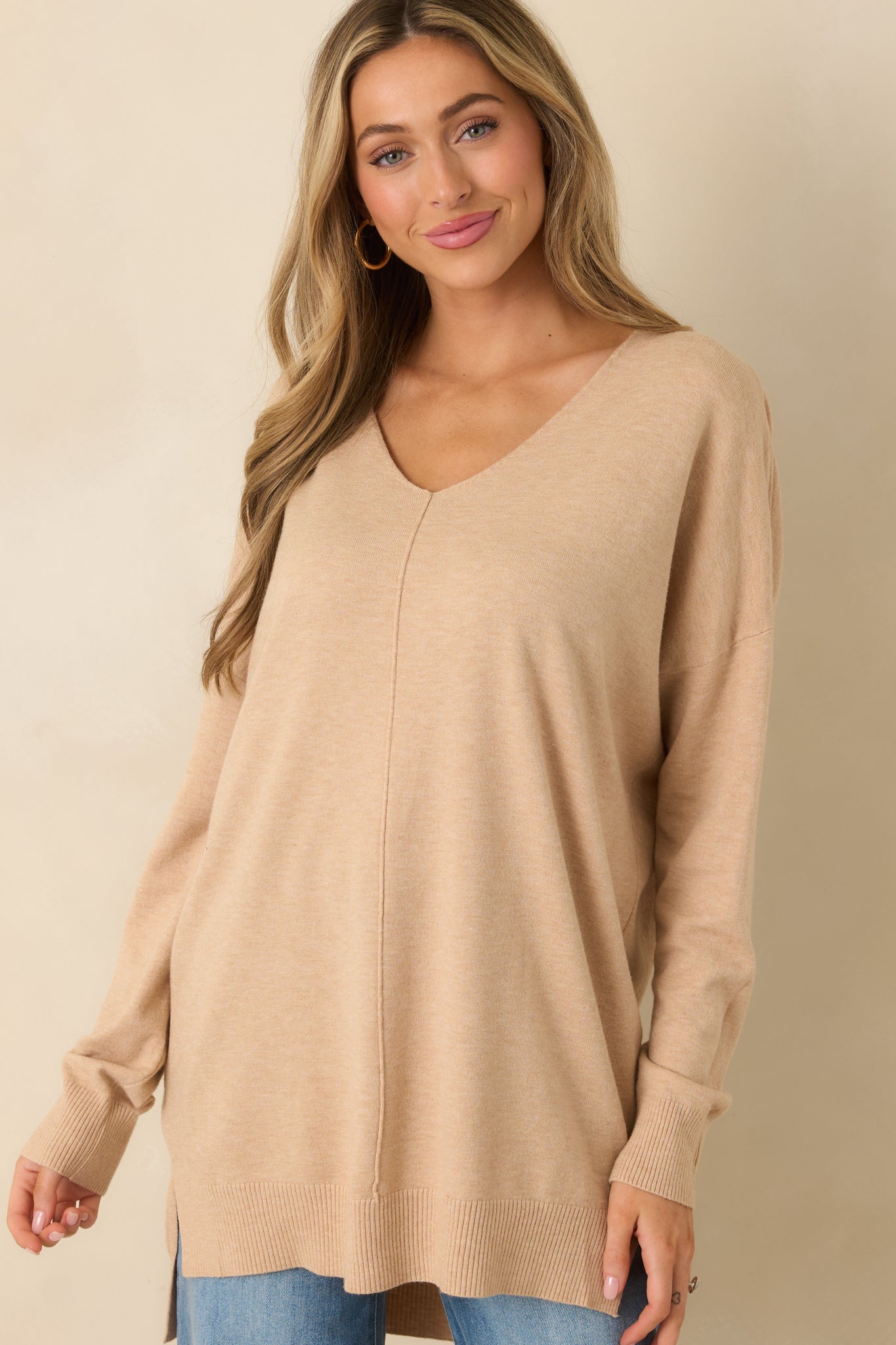 Wind Down Light Taupe Knit Long Sleeve V-Neck Sweater