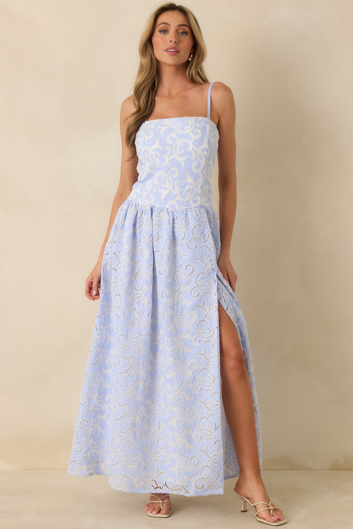 The Space Between Blue Stripe Embroidered Eyelet Maxi Dress