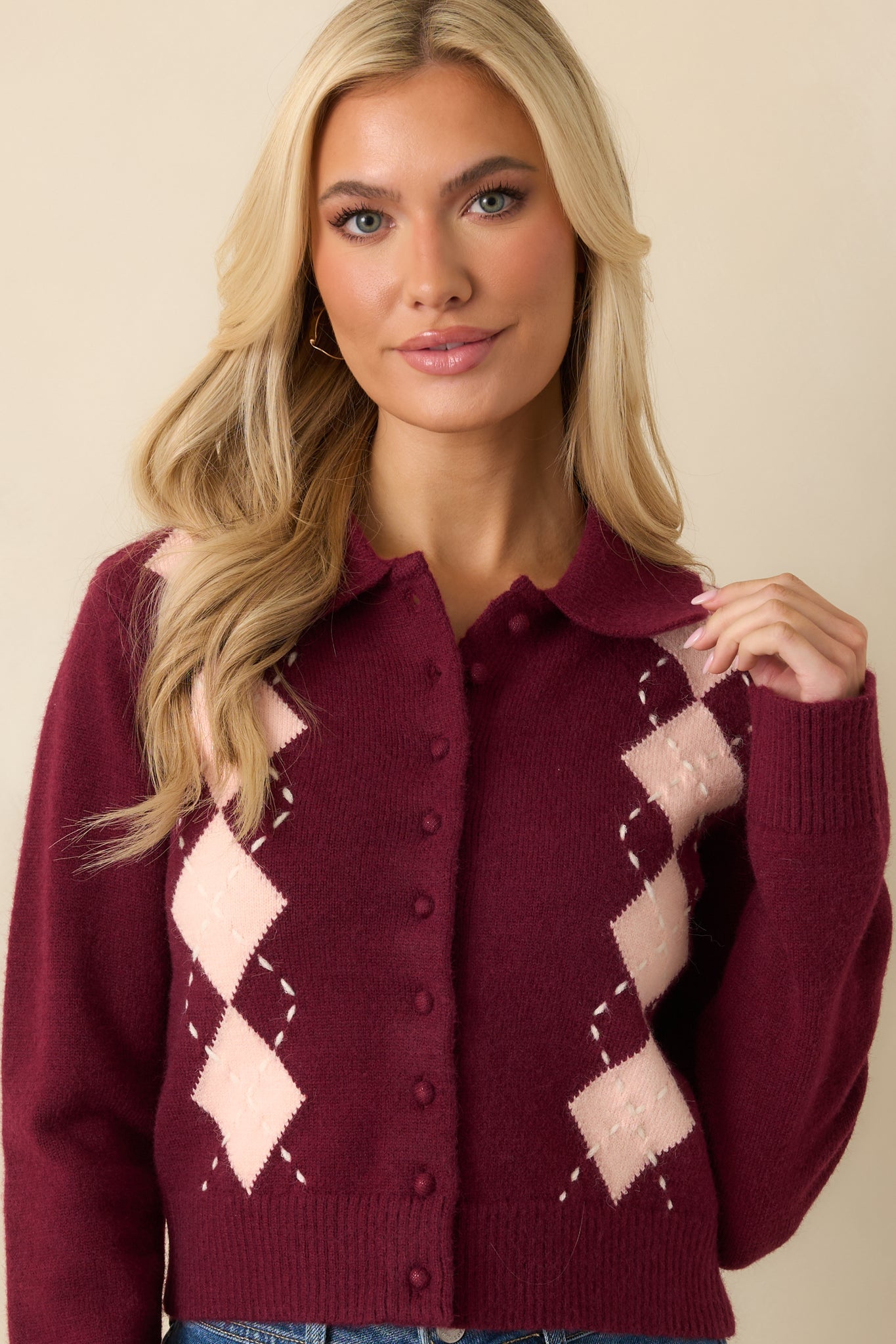 Nothing But Lovely Burgundy Argyle Collared Button Up Cardigan Sweater