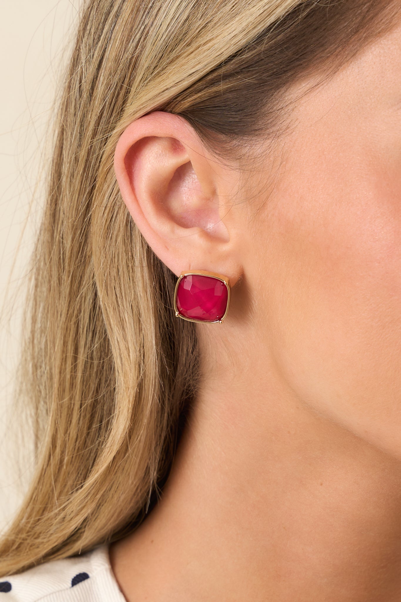 Too Cute To Cancel Gold & Cranberry Red Square Stud Earrings