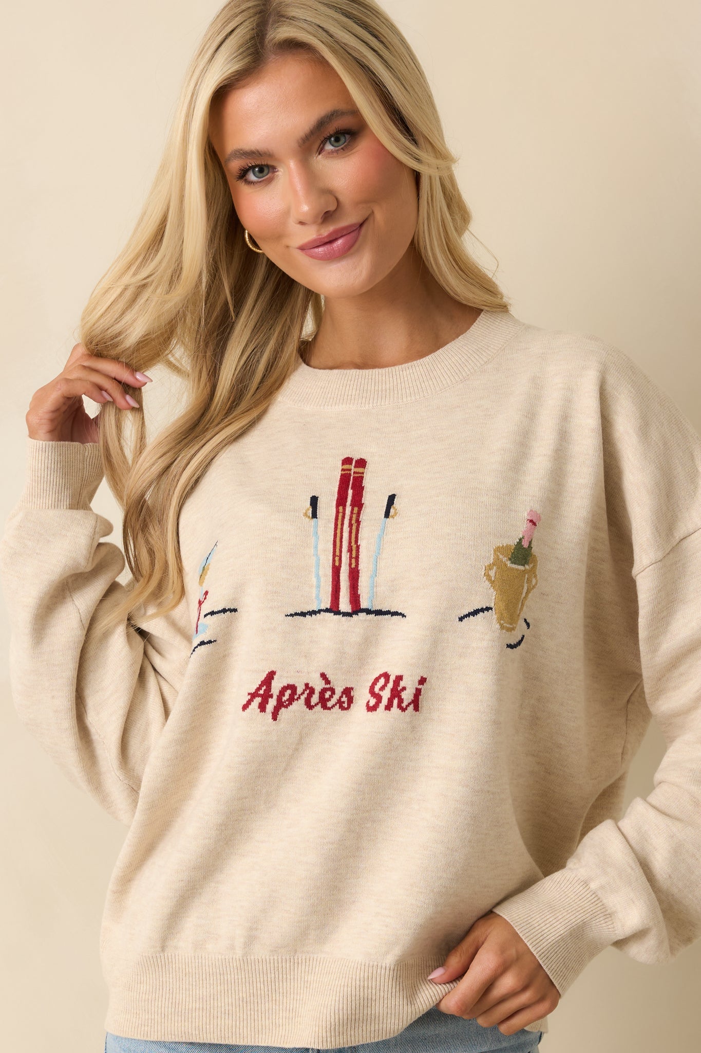 Sips After Slopes Heathered Oatmeal Après Ski Crewneck Sweater