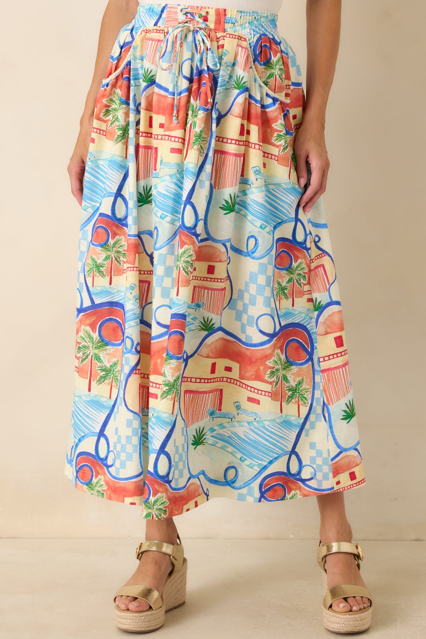 Where To Next? Coral Orange & Blue Multi Poolside Print Midi Skirt