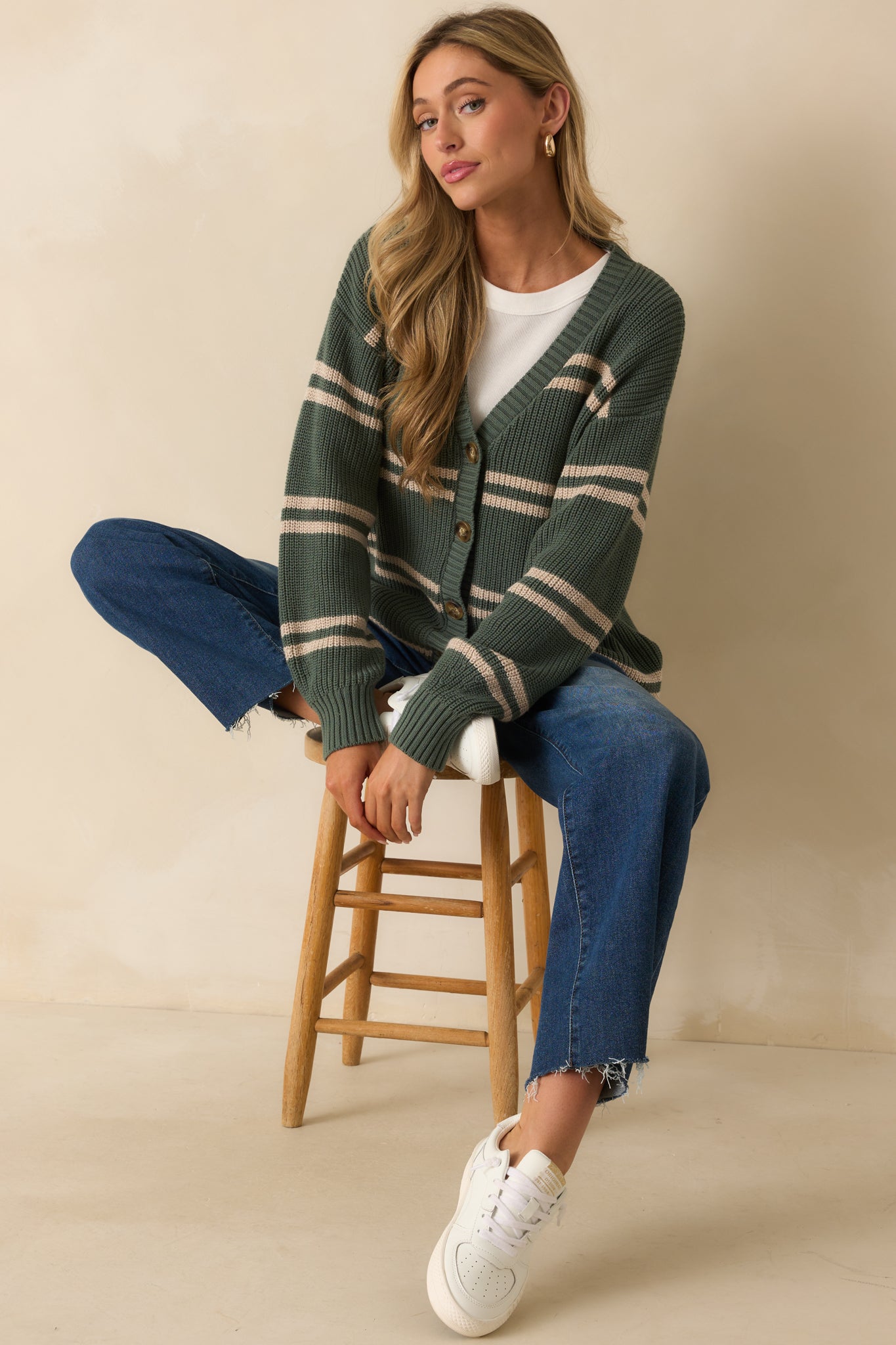 Z Supply Green Cotton Boyfriend Striped Cardigan