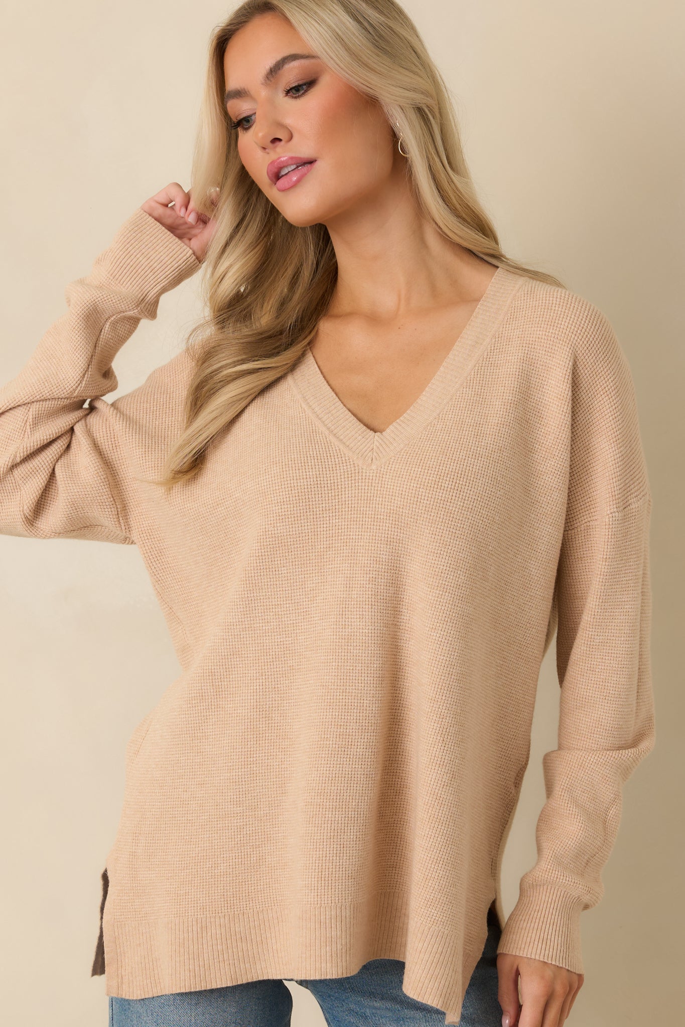Cozy Afternoon Light Taupe V-Neck Sweater