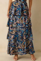 Meant To Stay Navy Multi Floral Print Tiered Satin Maxi Skirt