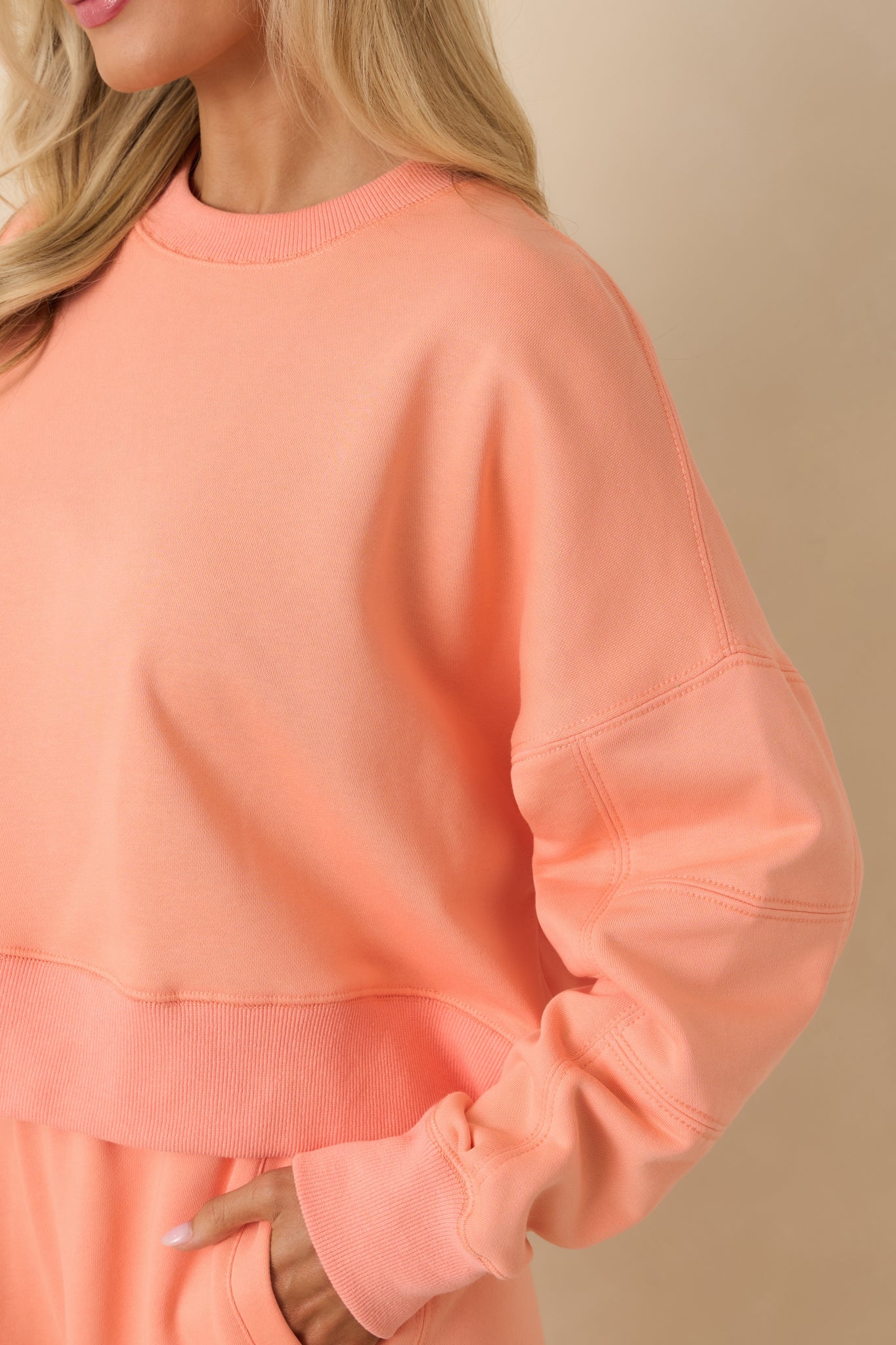 Hot Take Coral Orange Block-Stitched Long Sleeve Sweatshirt