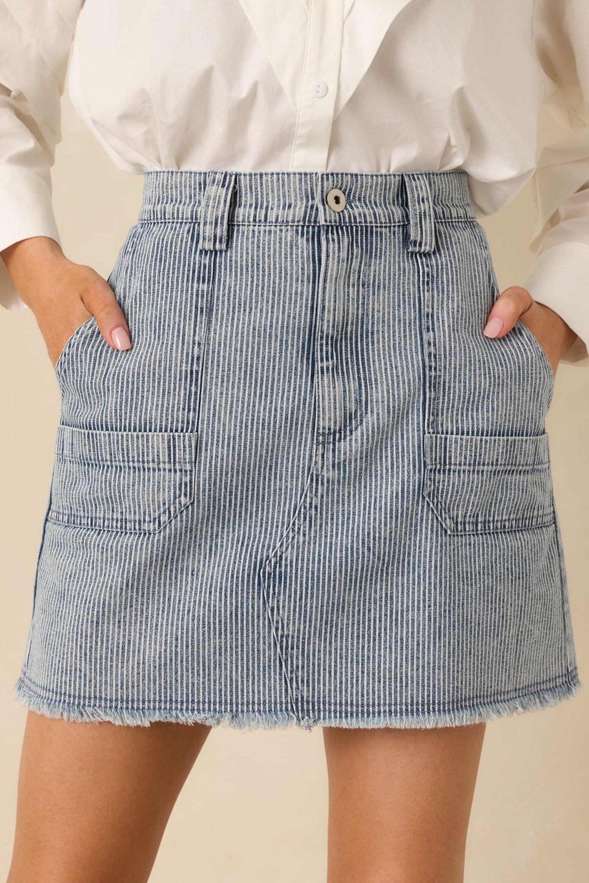 Off the Beaten Path Distressed Blue Stripe Cotton Denim Mini Skirt